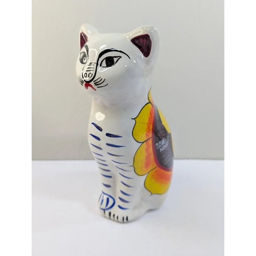 Vintage 80s Folk Art Ceramic Cat Figure 8 1/2 In
